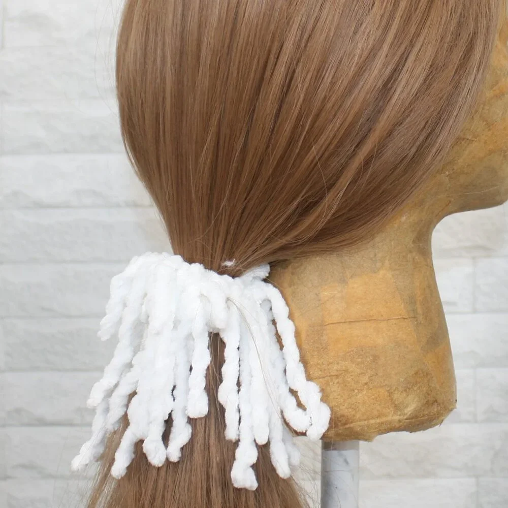 HAND CRAFTED Hair Scrunchie Fringe Crochet Kids Chenille White Cloud Dancer